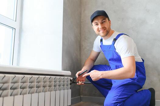 Plumber installing a heating radiator