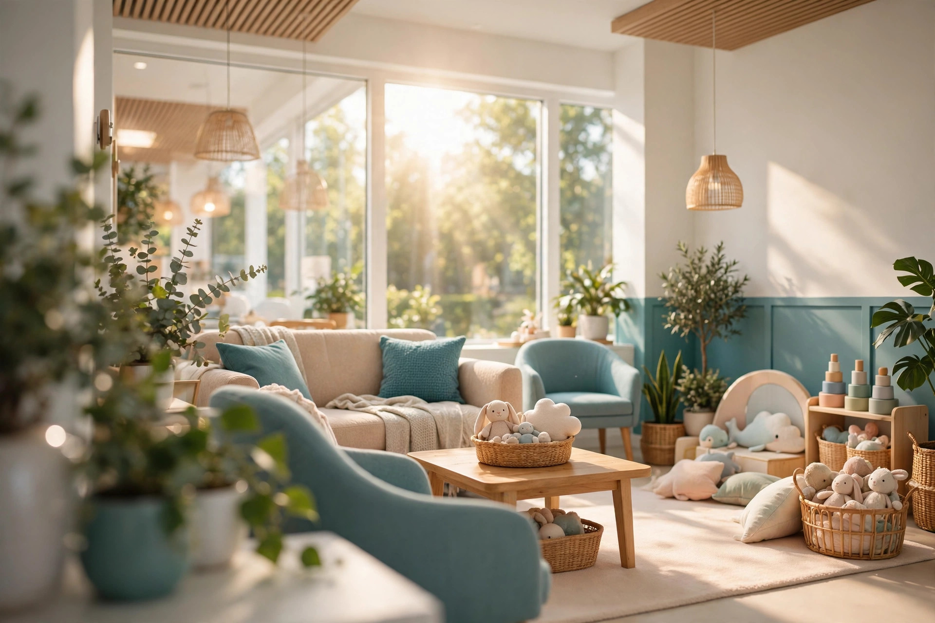 Bright, welcoming waiting room of a family dental practice