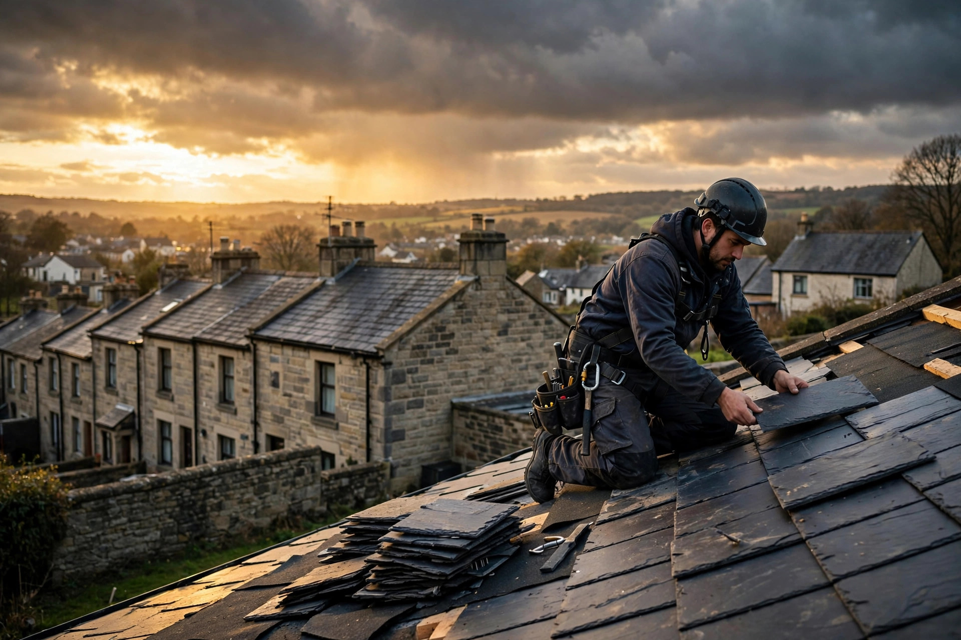 New slate roof at golden hour, Leeds