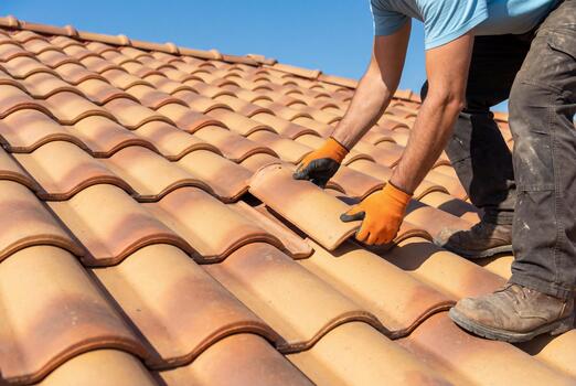 Roofer fitting terracotta roof tiles