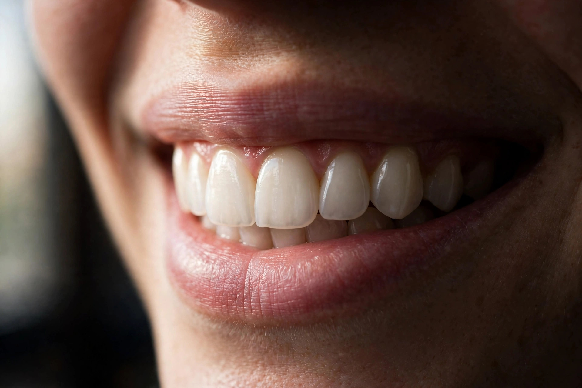 A finished porcelain veneer smile, natural shade, soft light