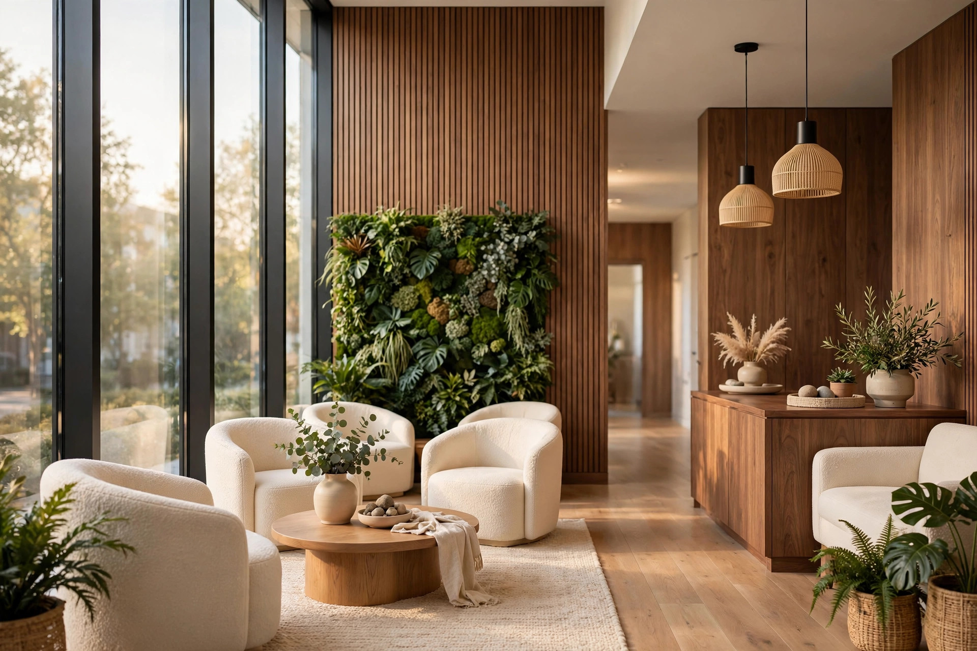 The Buckhead Dentistry lounge — warm wood, soft daylight, calm before your appointment