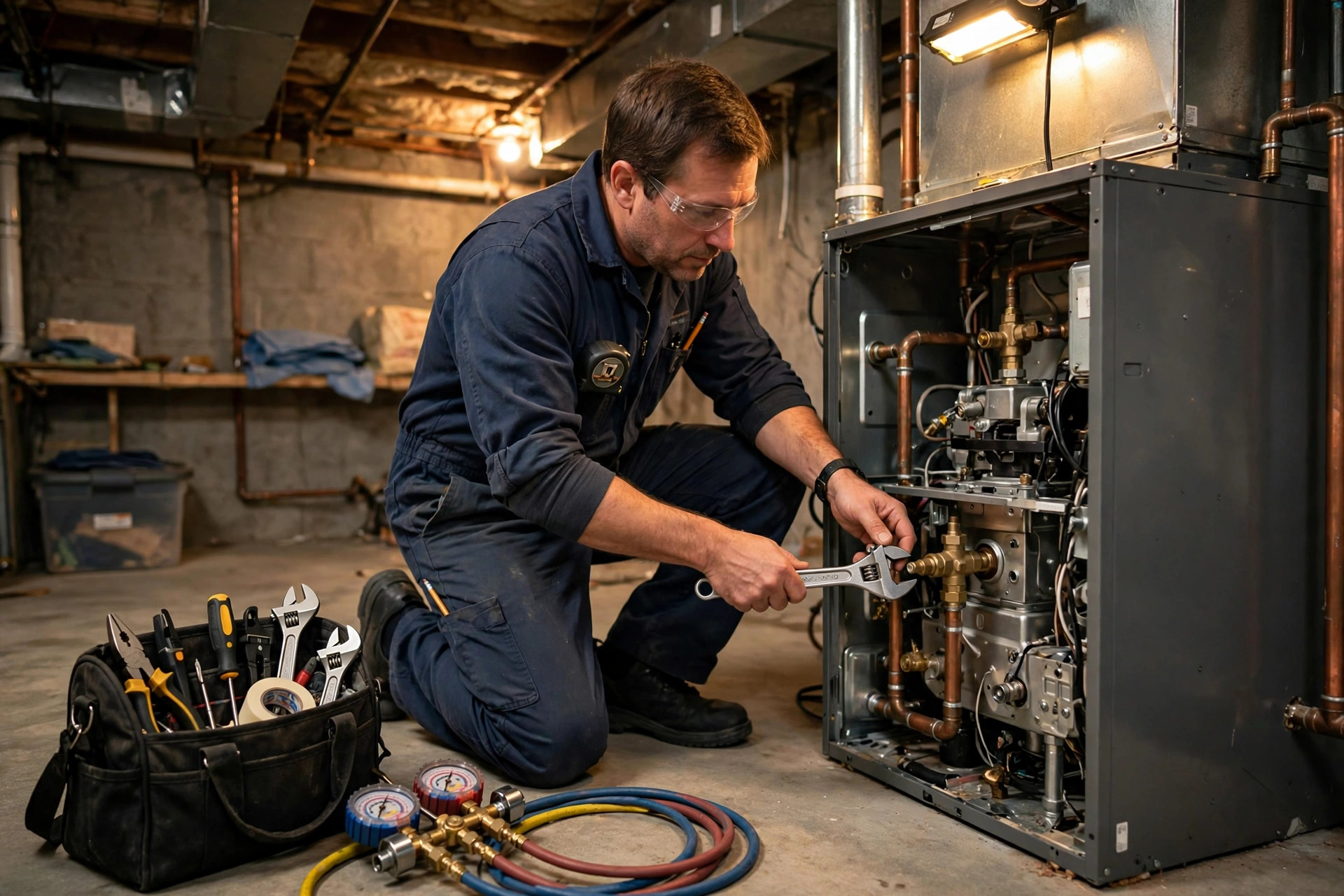 Carey technician servicing a gas furnace in a Toronto basement