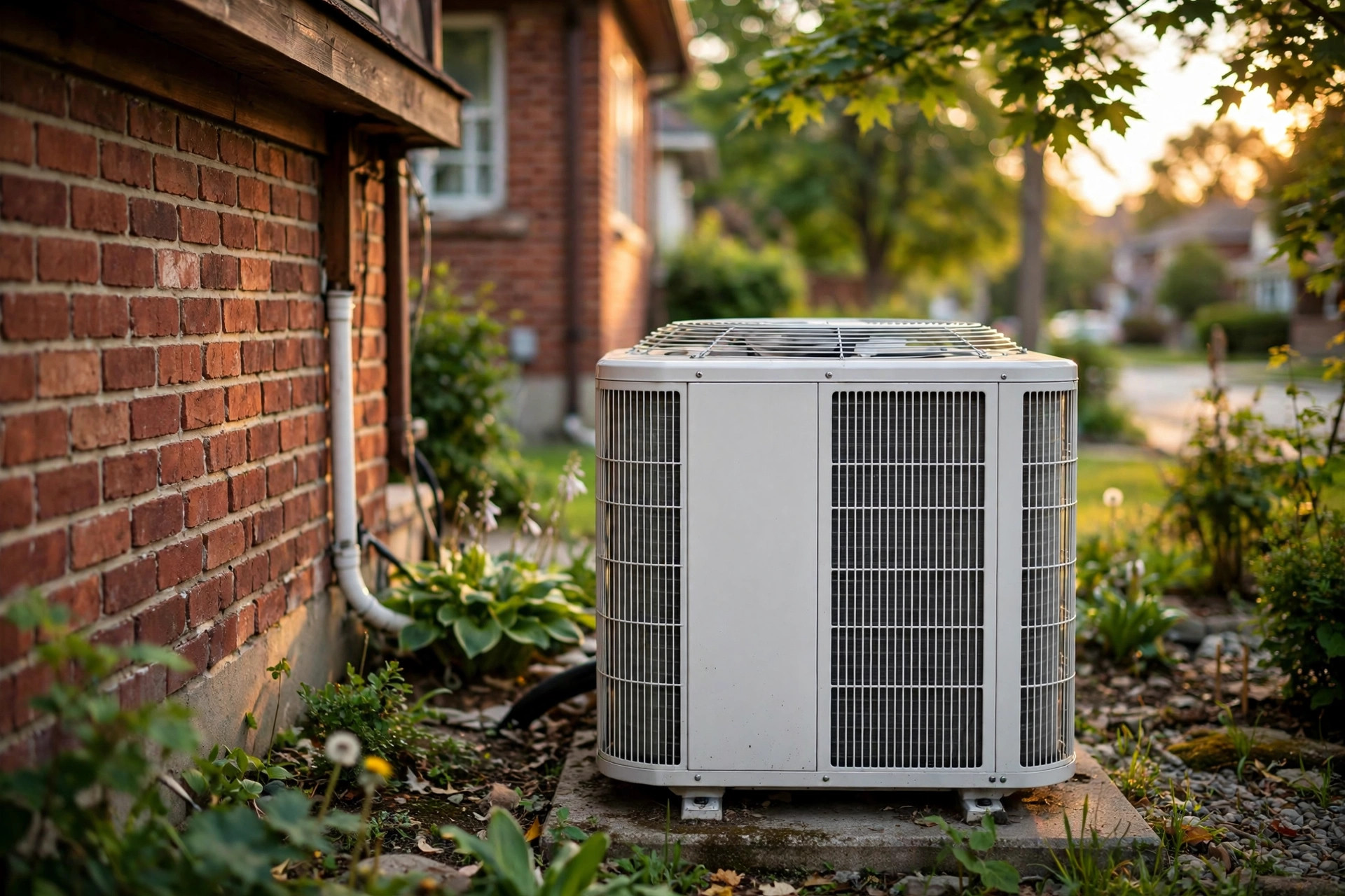Outdoor air conditioner beside a Toronto brick home