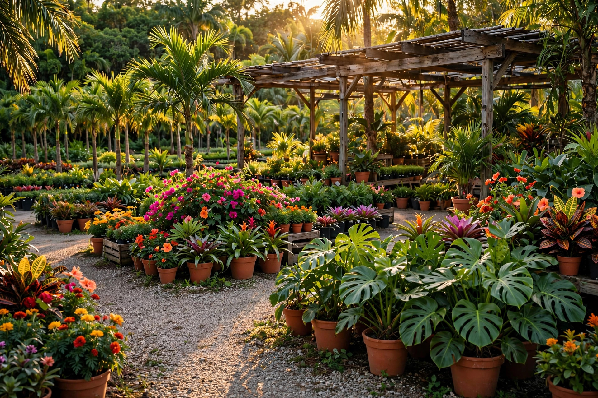 Golden-hour view across the Casaplanta nursery rows