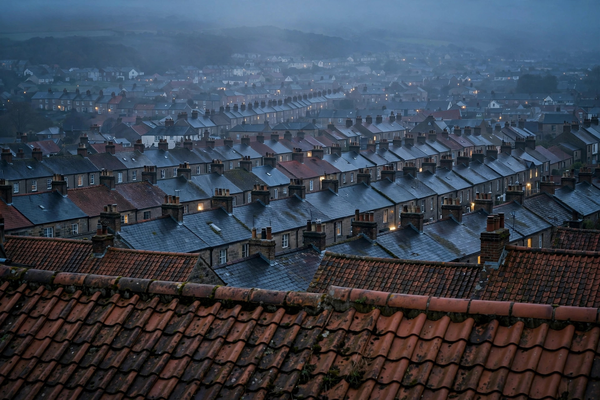 Rooftops of British terraced houses at dusk