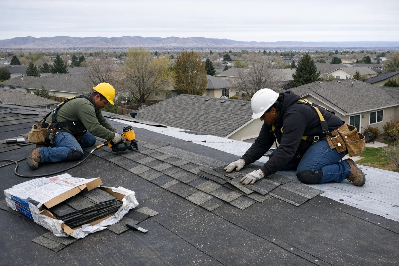 Two roofers installing shingles on a Colorado home