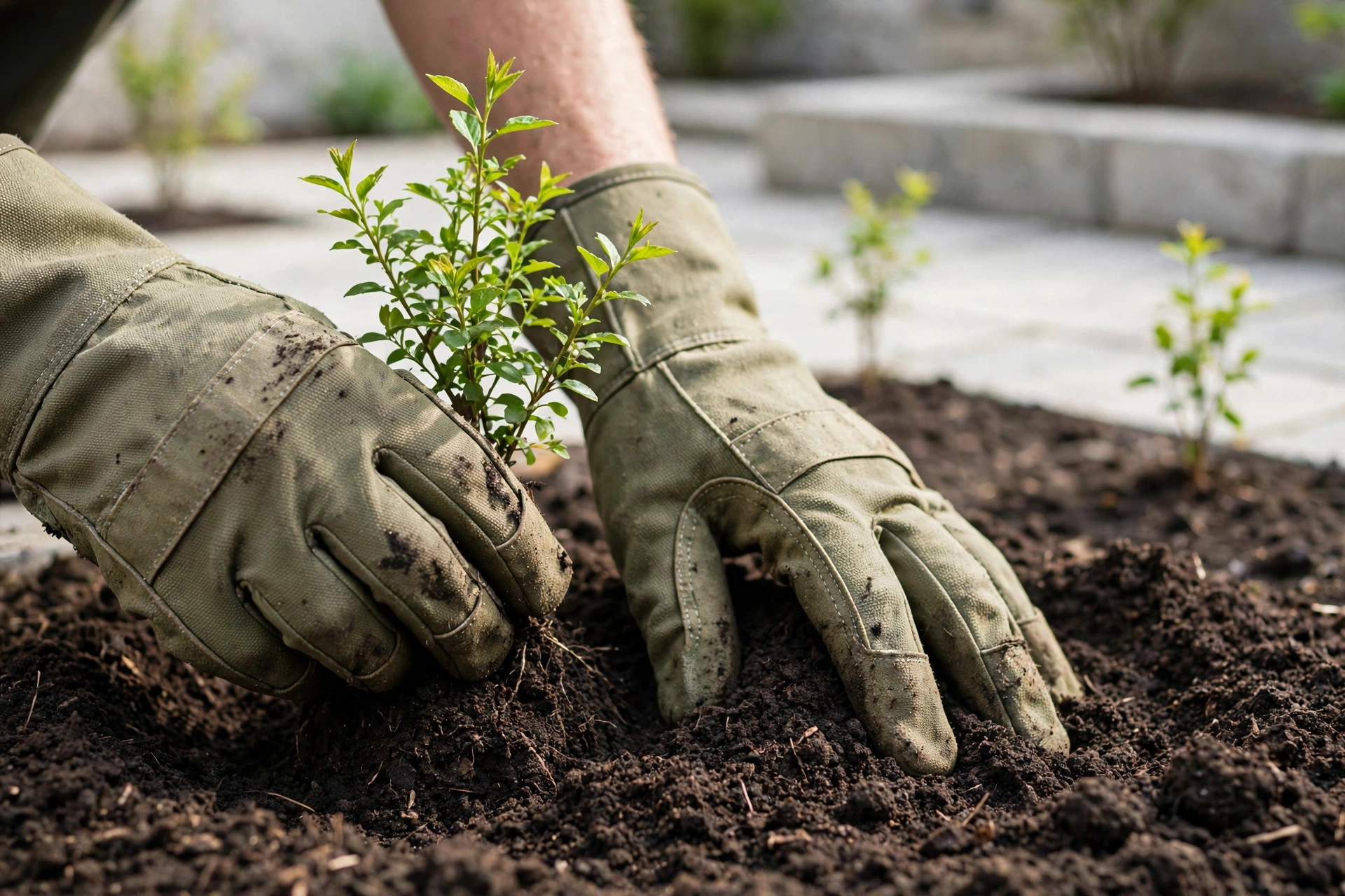 Preview of concept 04 — gardener's hands planting in a courtyard