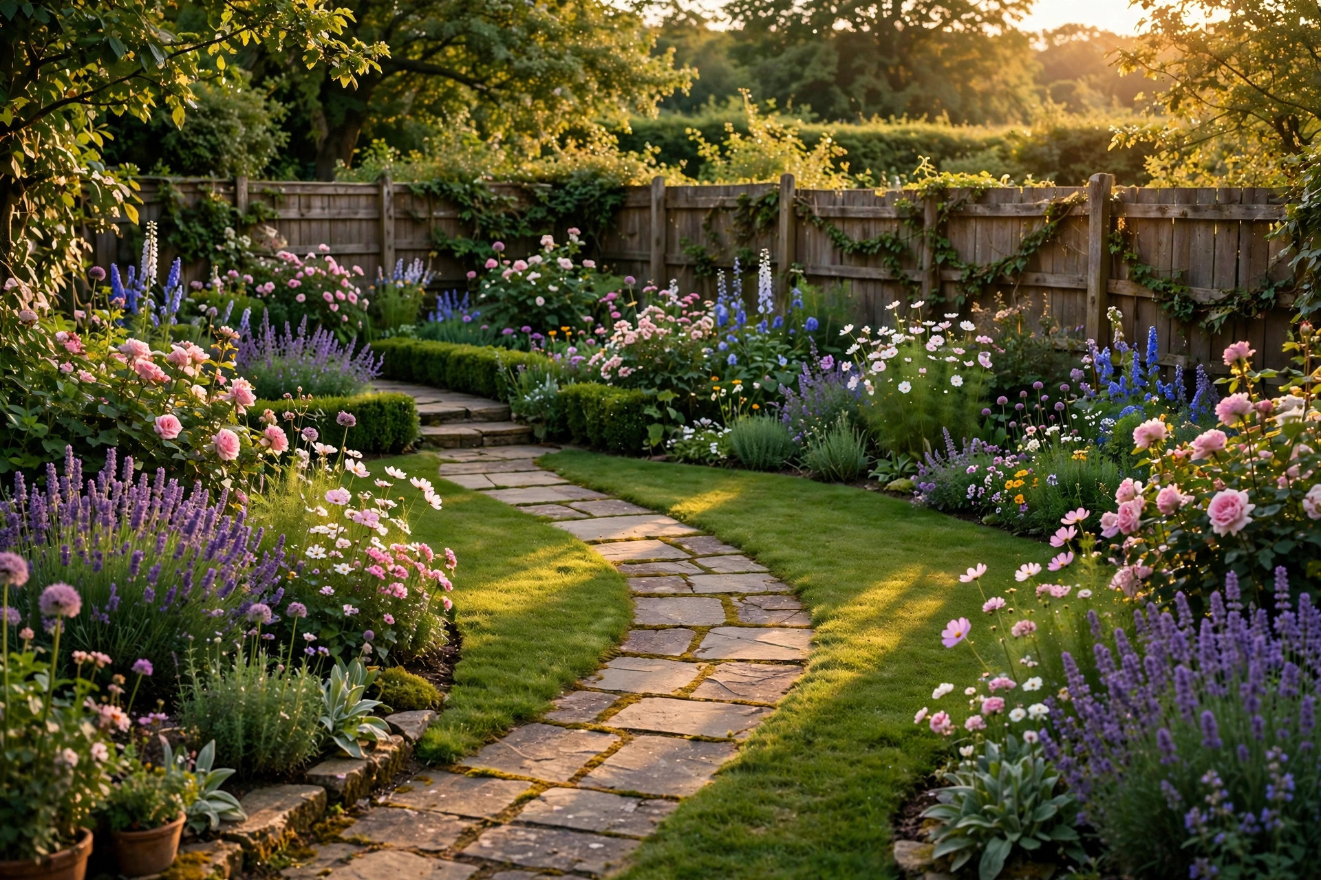 Landscaped garden with stone path and flower borders at golden hour