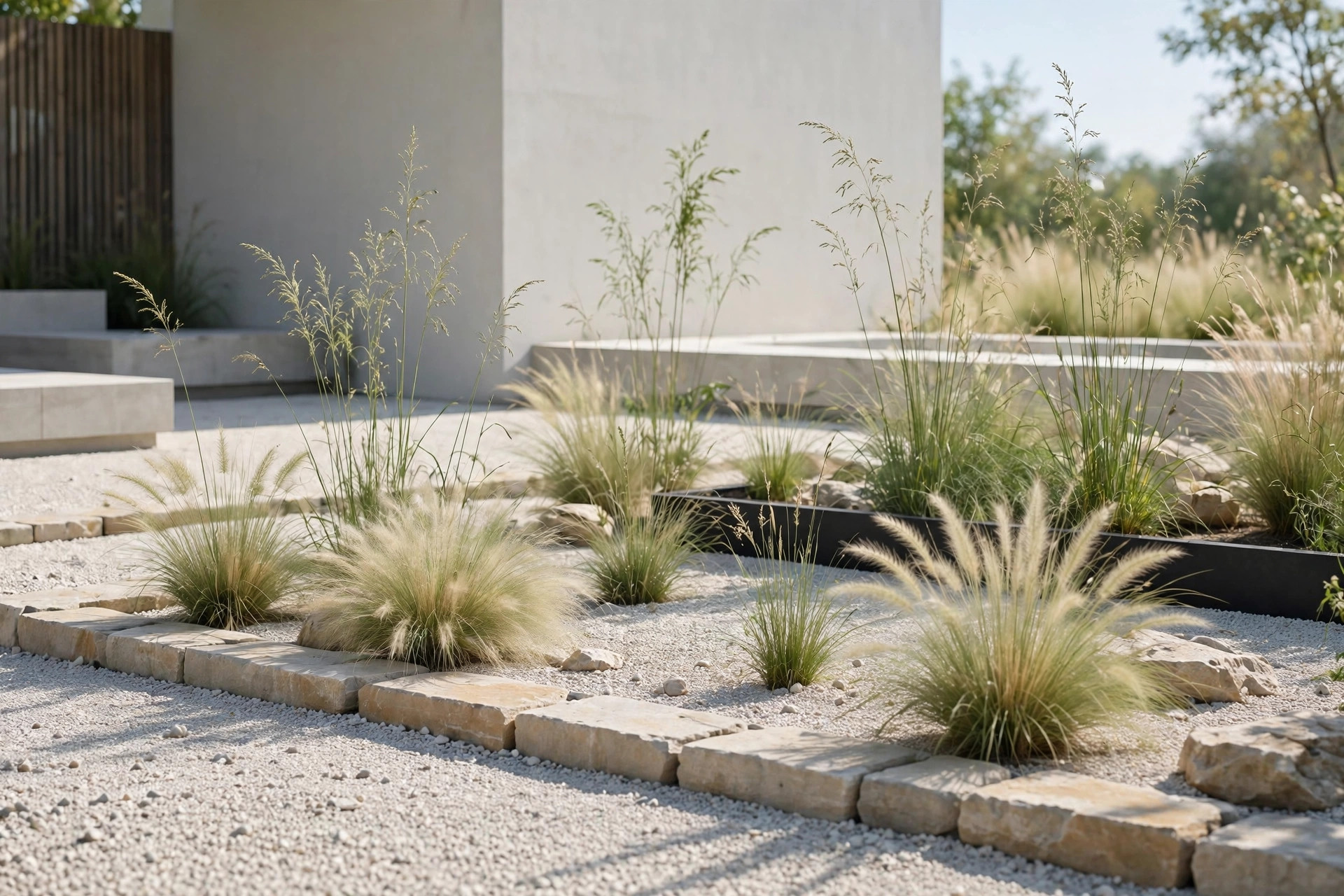 Minimalist landscaped patio with gravel and ornamental grasses