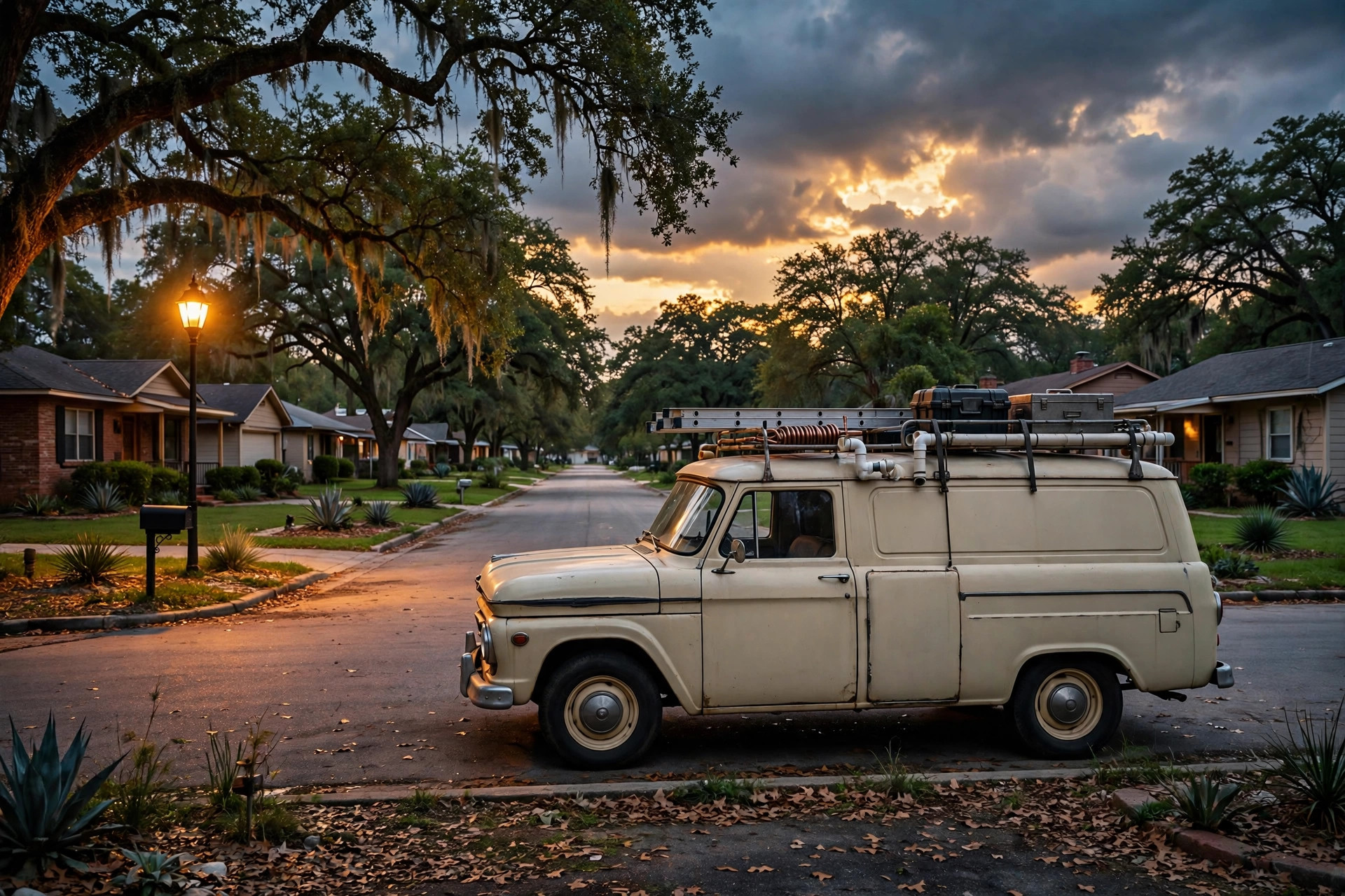 Plumber's van on an Austin street at dusk