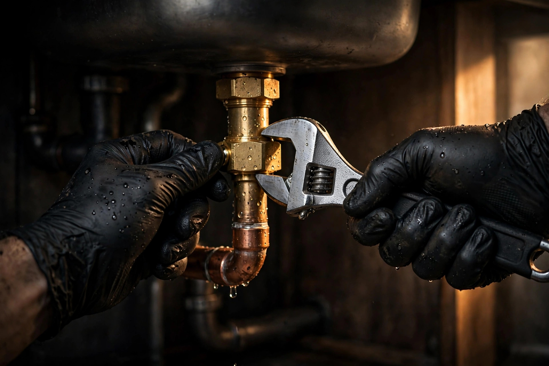 Plumber tightening a pipe fitting under a sink