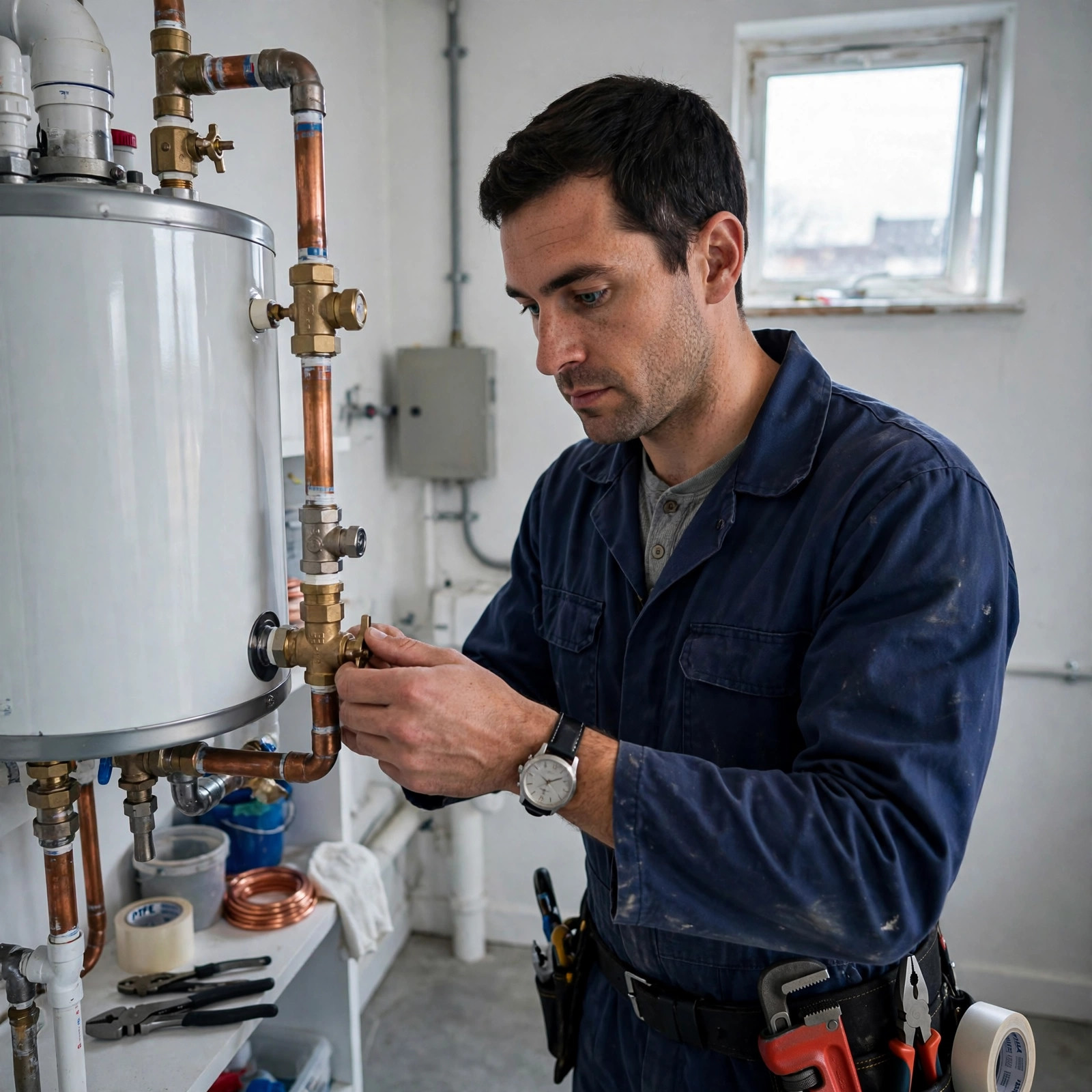 Plumber servicing a water heater