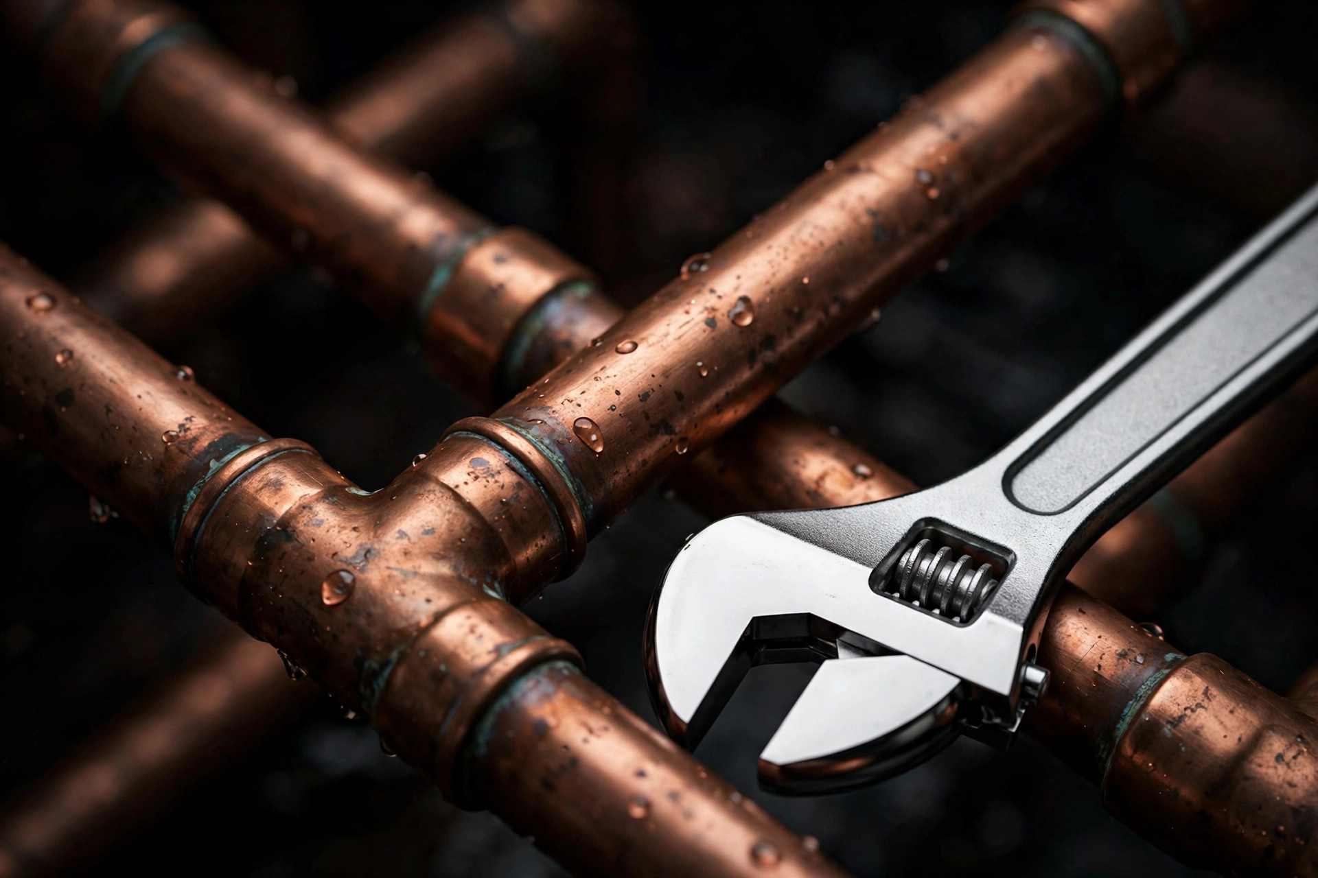 Copper plumbing pipes and wrench, dark trade photography