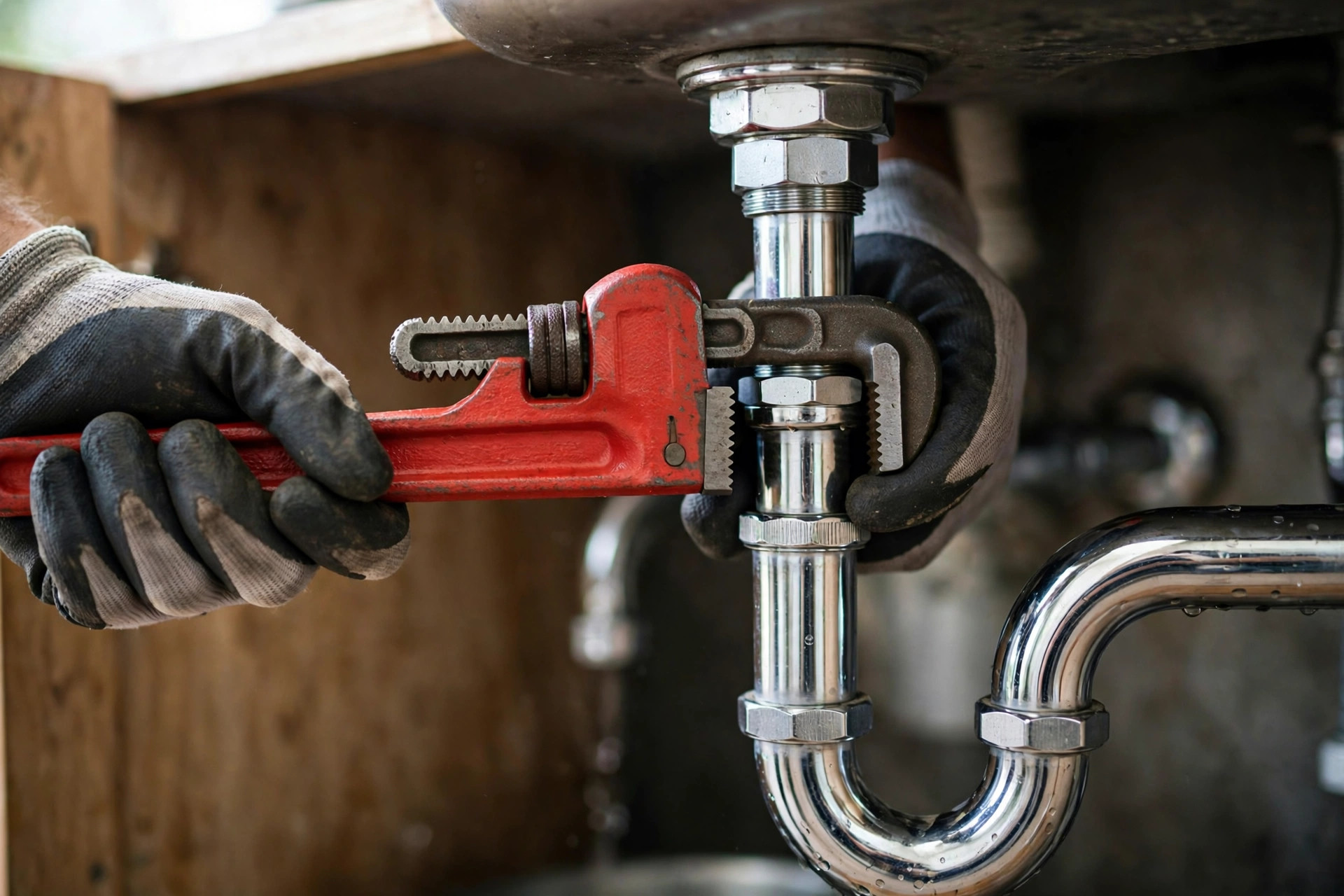 Plumber's hands tightening a pipe fitting under a sink
