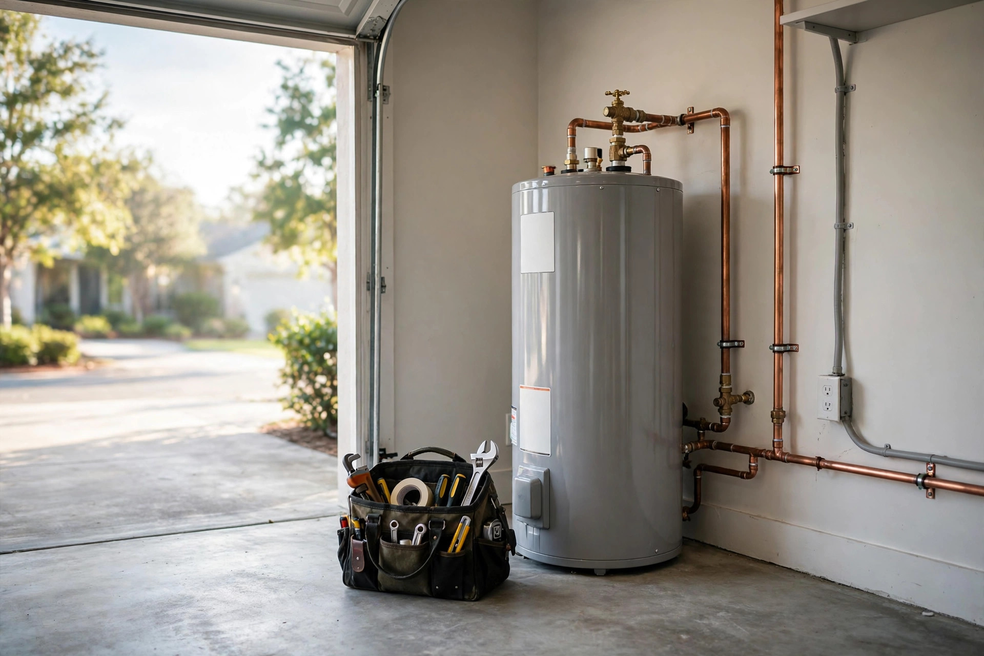 Residential tank water heater installed in a clean garage