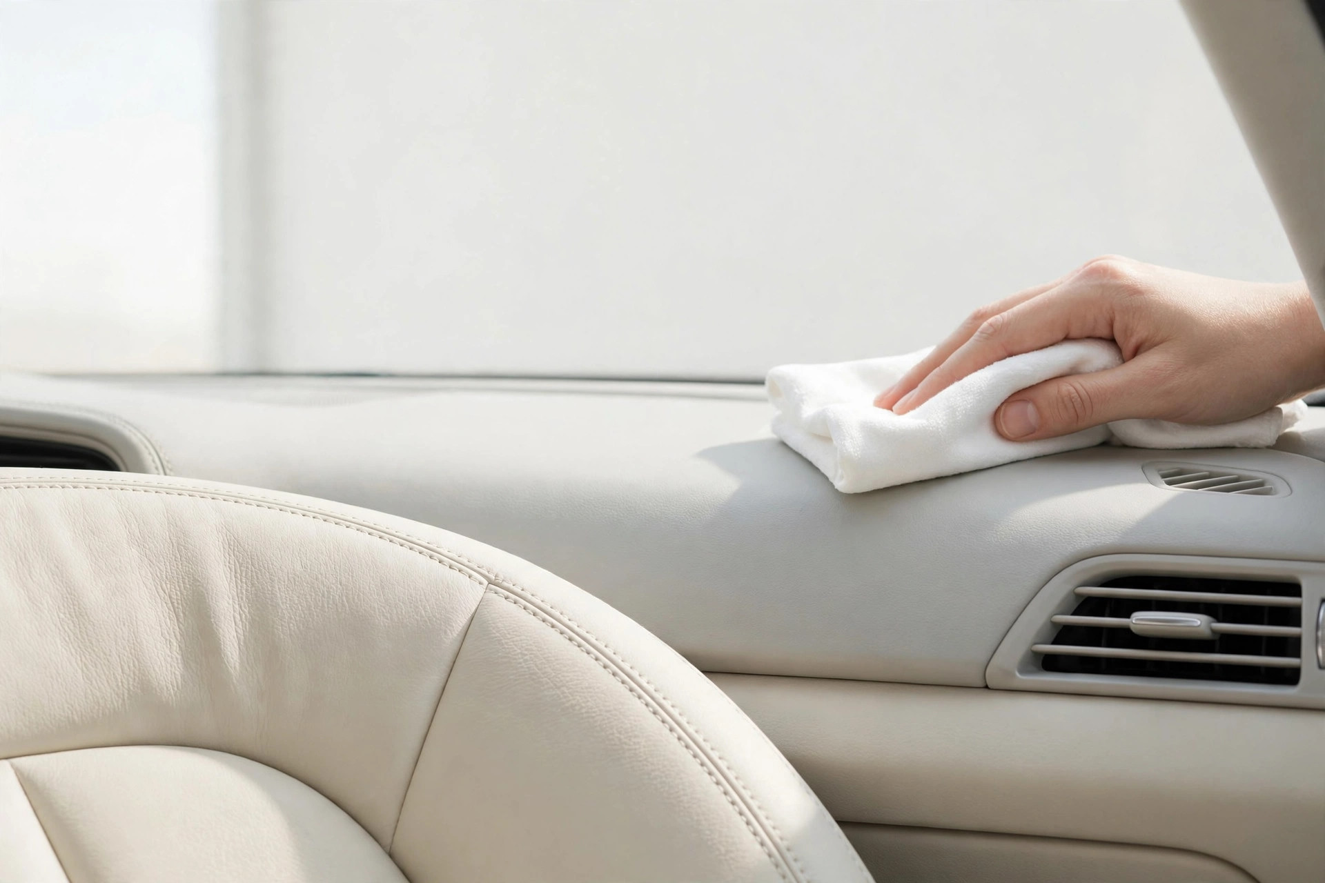 Close-up of a freshly detailed car interior, cream leather seat being wiped clean in soft daylight