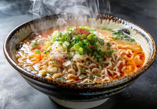 Steaming ramen bowl with chopsticks — white editorial concept