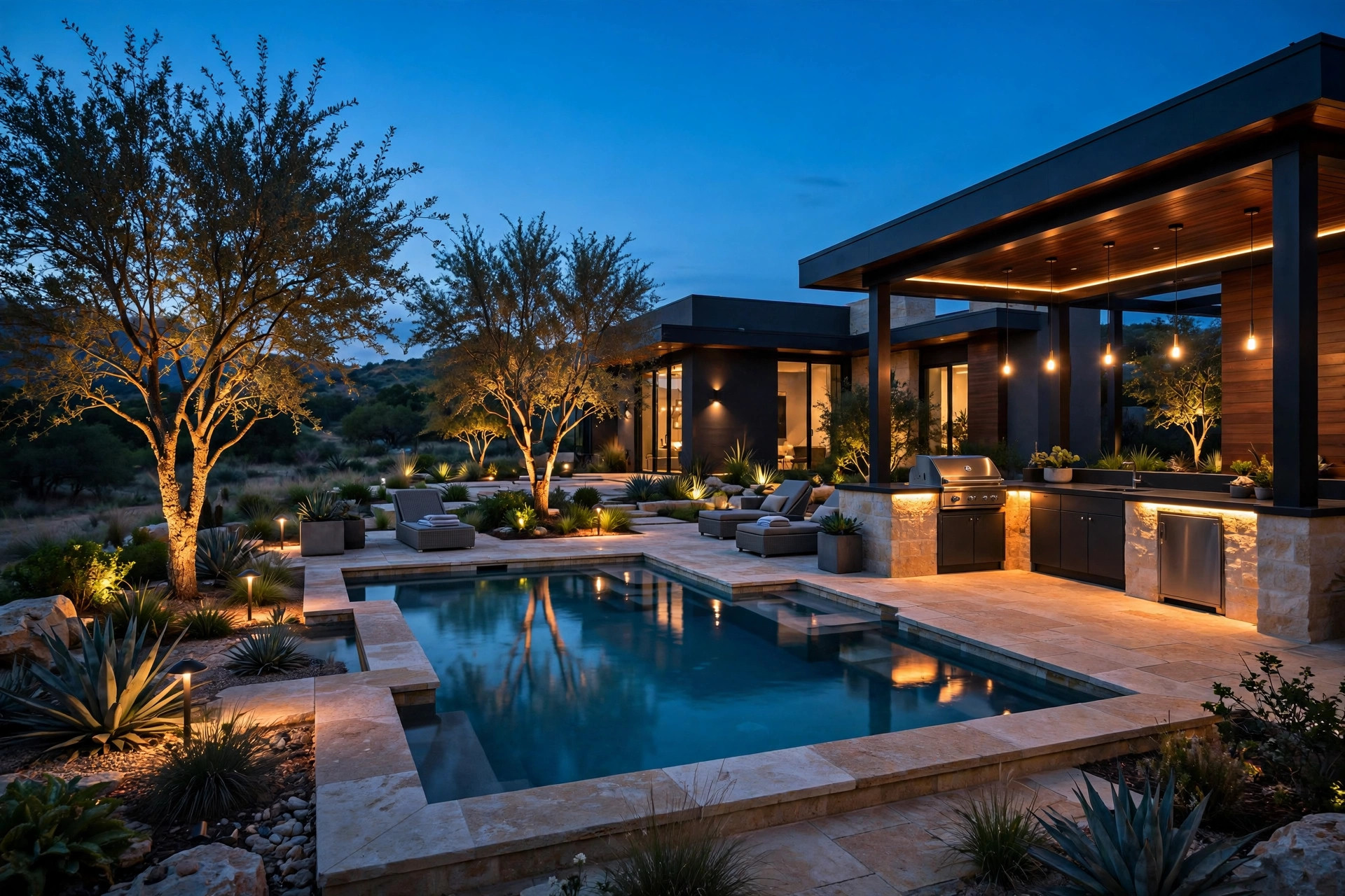 Luxury Austin backyard at dusk with custom pool, patio and outdoor kitchen lighting