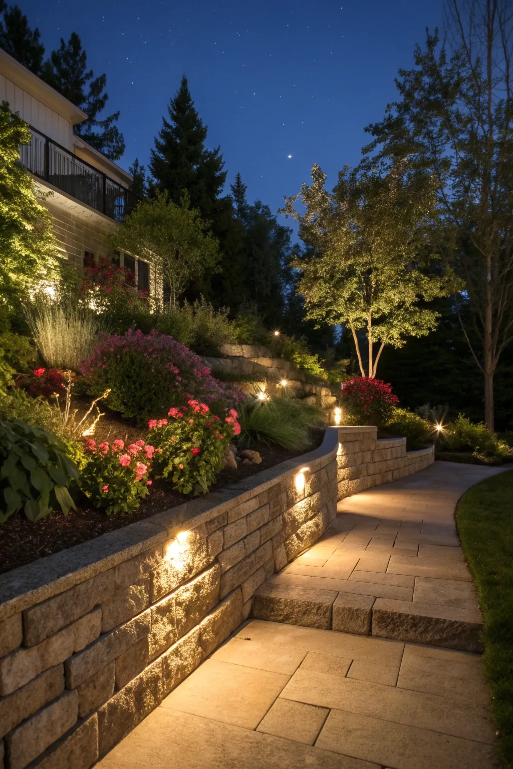 Retaining wall with landscape lighting glowing at dusk
