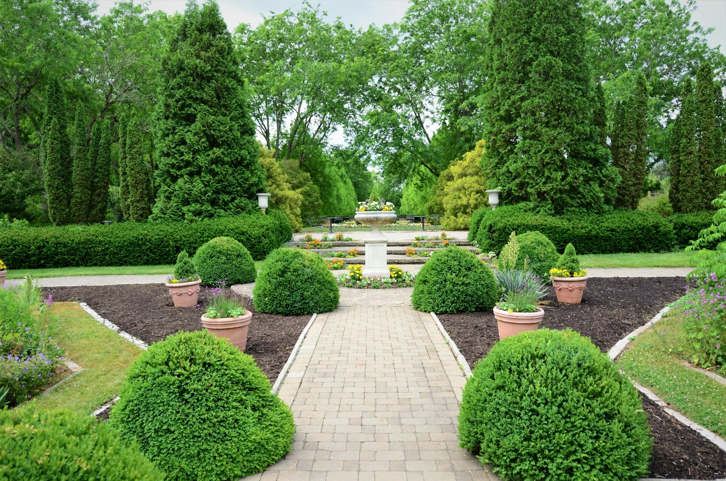 Mature landscaped garden with lawn, beds and trees