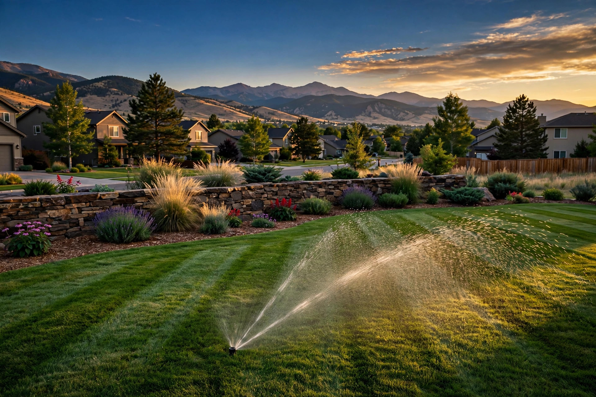 Landscaped Denver front yard at golden hour with sprinkler watering the lawn