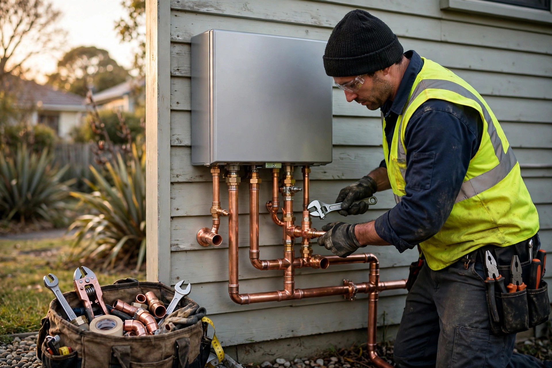 Dewaters plumber installing a continuous-flow gas hot water unit