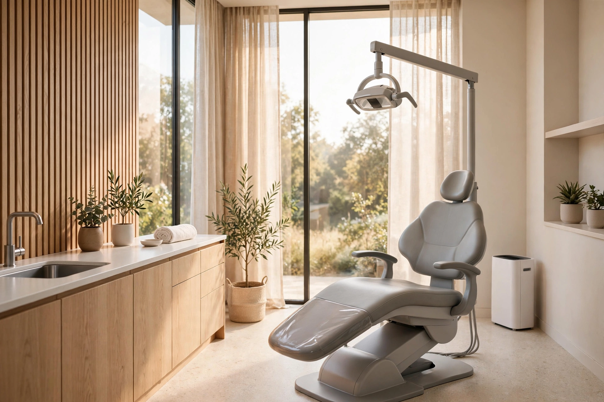 Modern dental clinic interior with a calm, bright treatment room