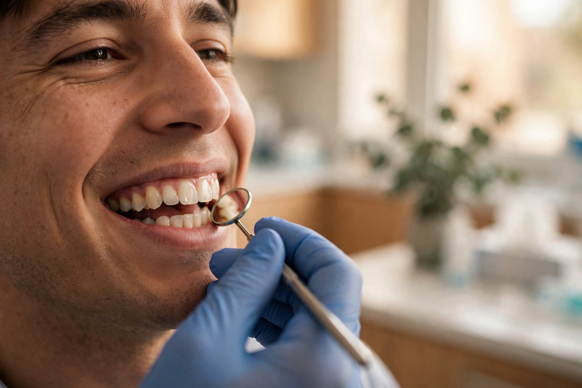 Dentist examining a patient's smile in a bright modern clinic