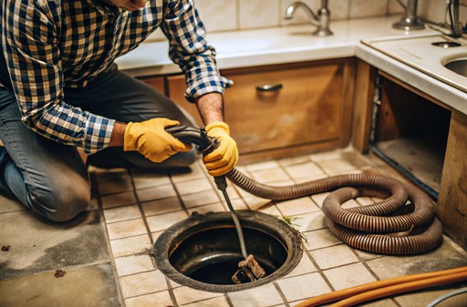 Technician feeding a drain snake into a floor drain