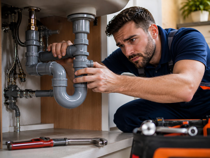 Technician repairing drain pipes under a sink