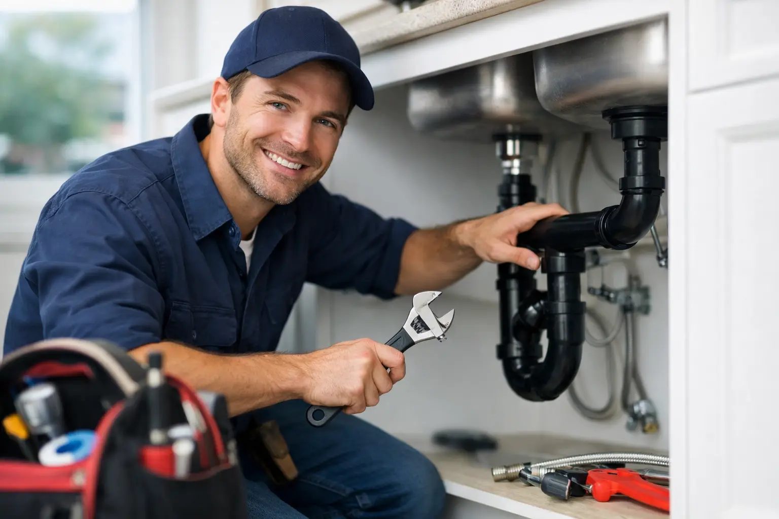 Drain Terrier technician at work under a kitchen sink