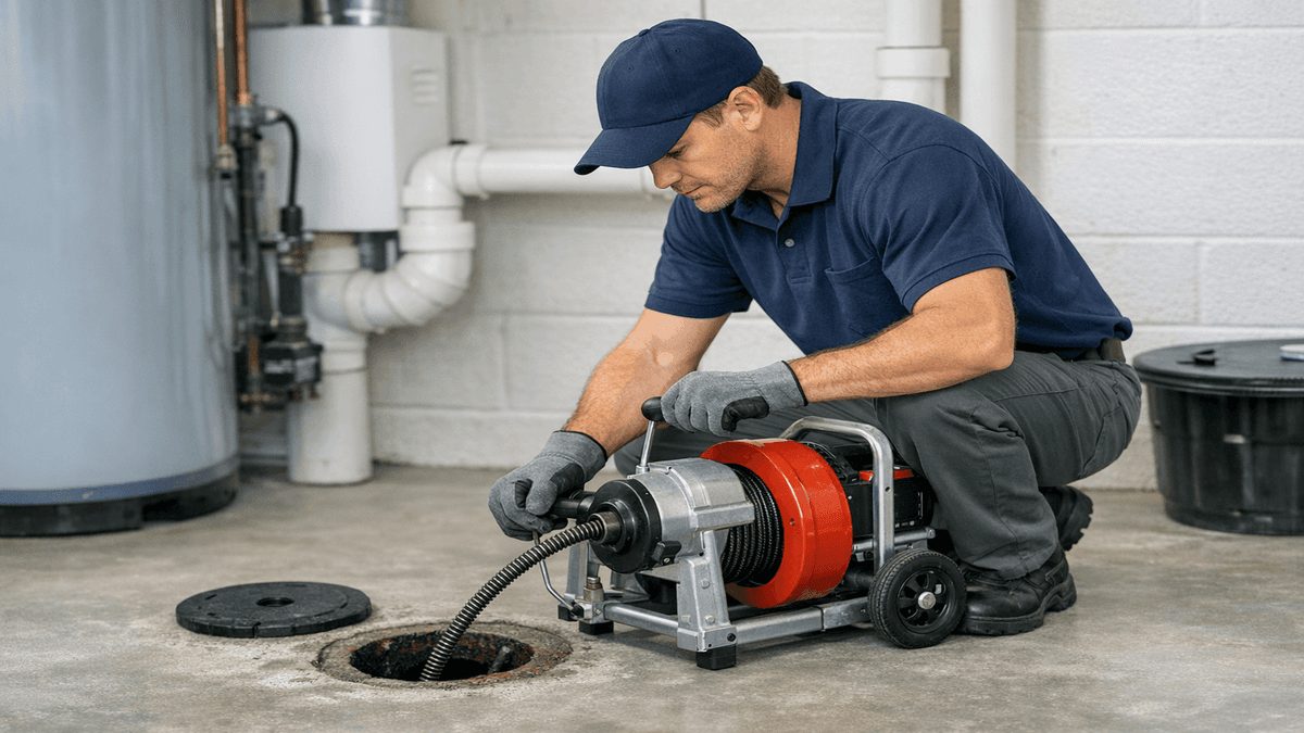 Technician running a drain auger into a floor drain