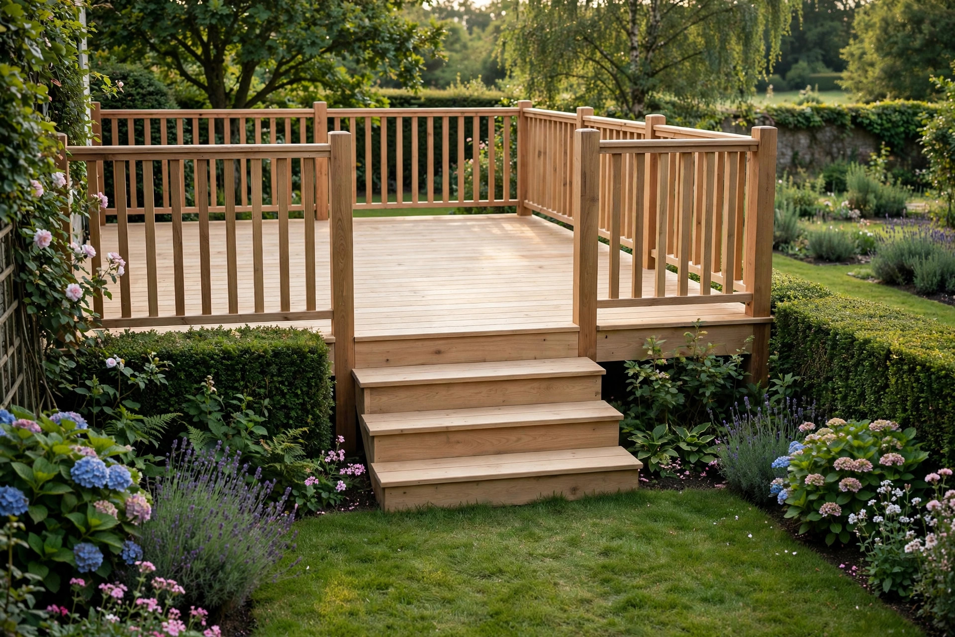 Timber decking terrace with steps to the lawn