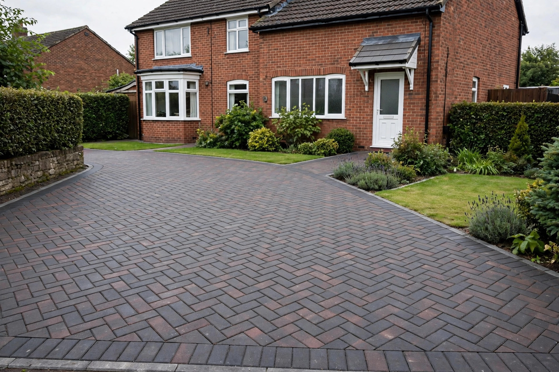 New block-paved driveway in herringbone pattern