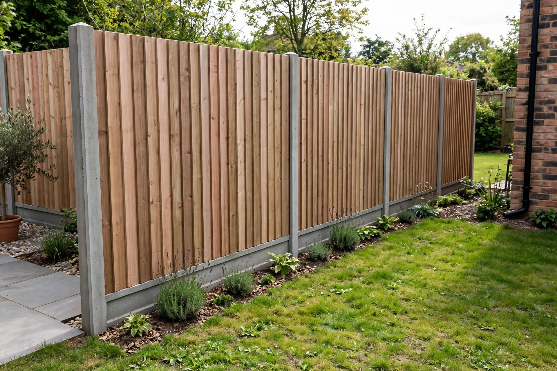 New closeboard garden fence on concrete posts