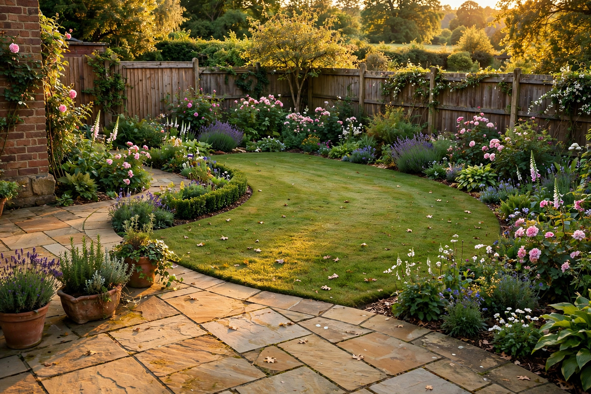 Landscaped garden with new sandstone patio built by E&M Landscapes Ltd, Bristol