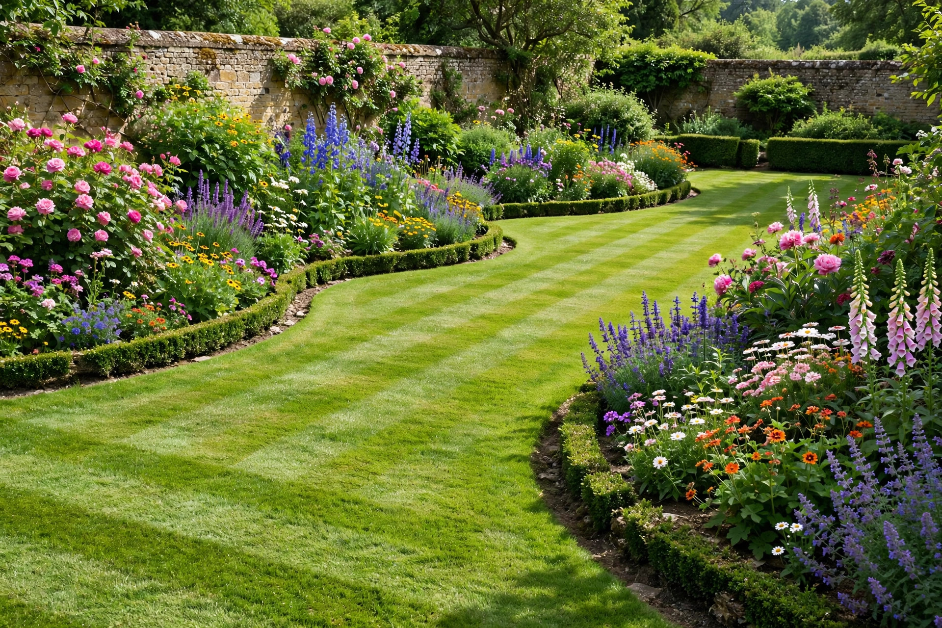 Striped lawn with planted flower beds
