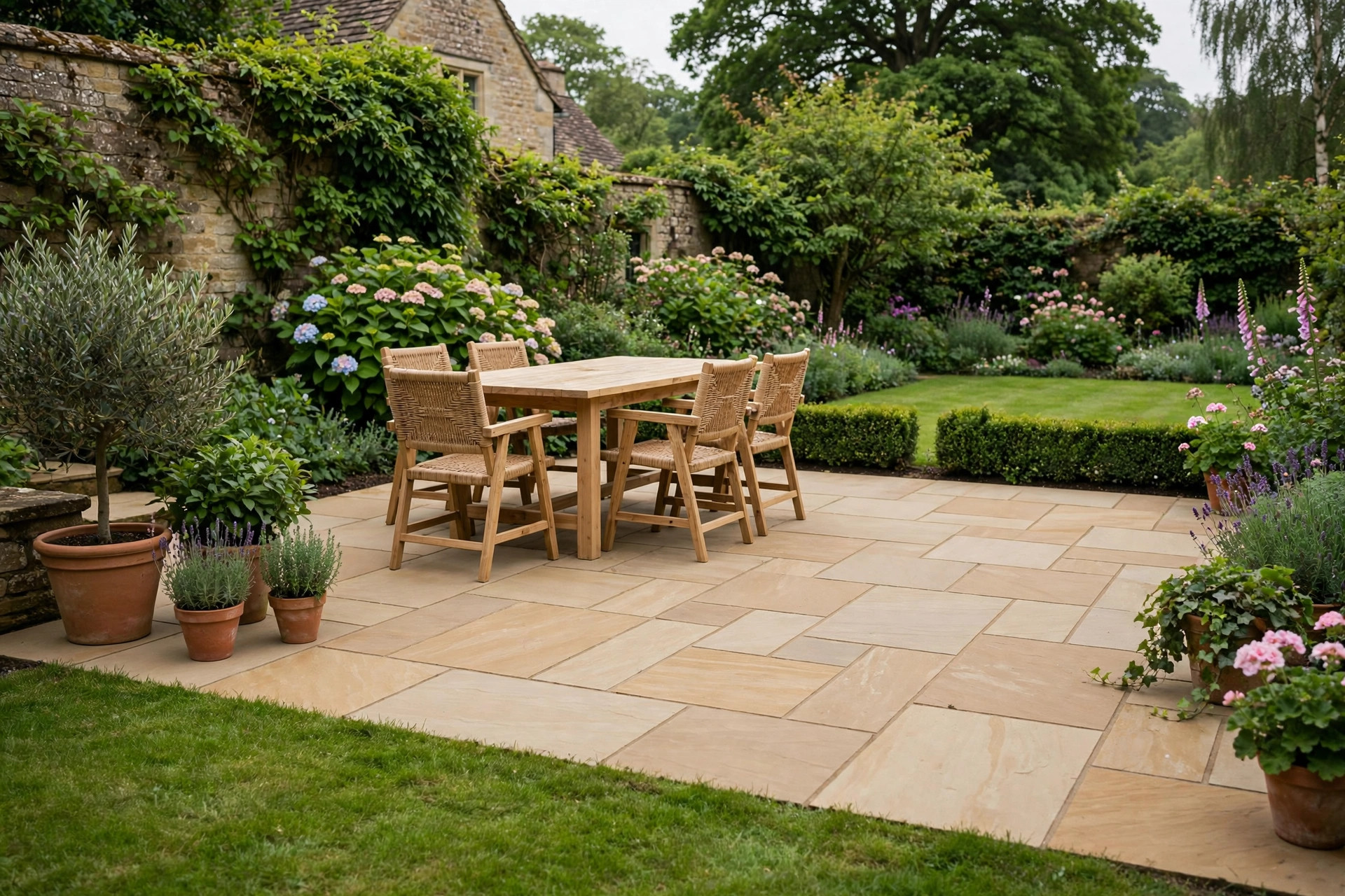 New sandstone patio with garden furniture
