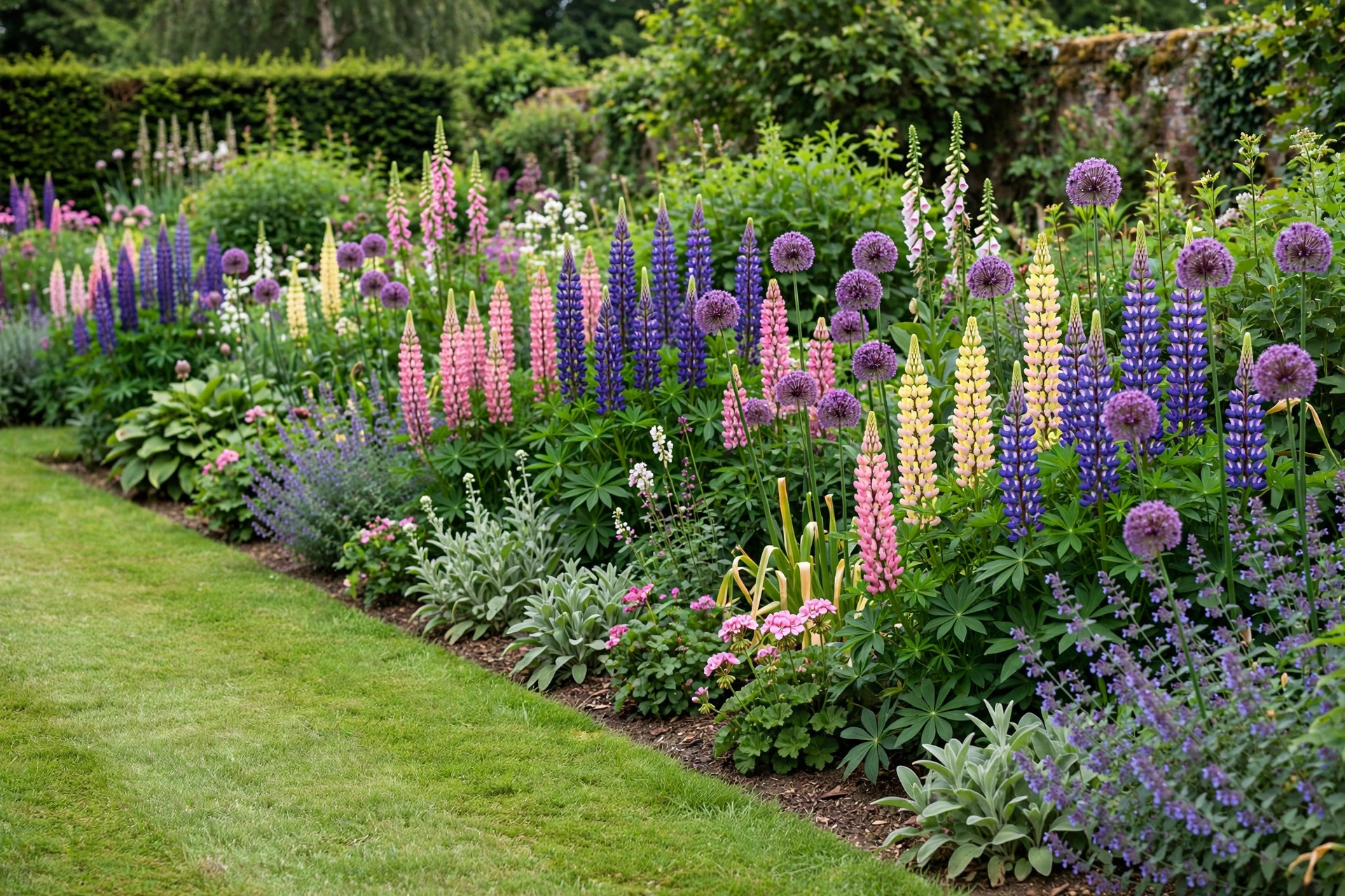 Herbaceous flower border beside lawn