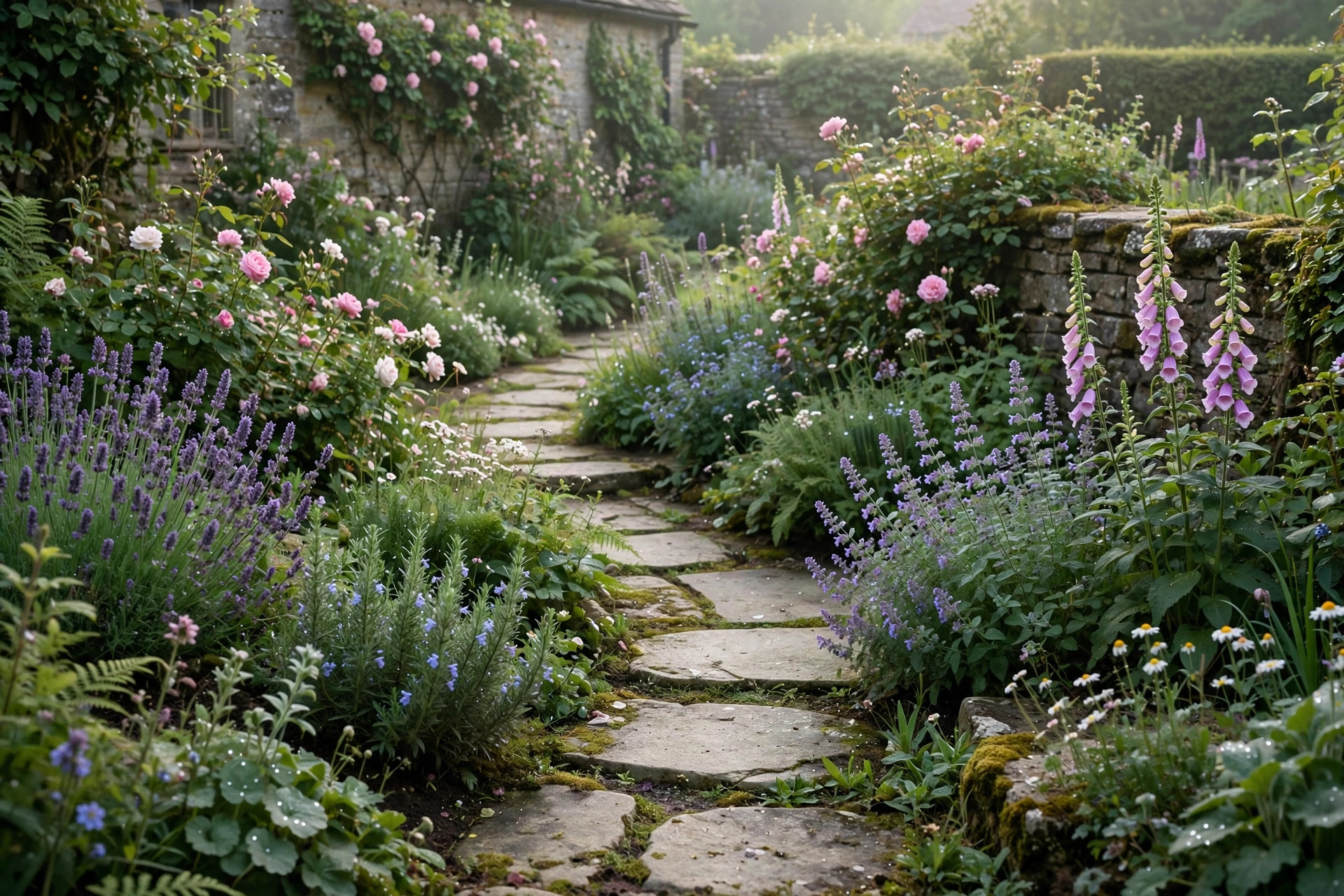 Stone path through planted cottage garden