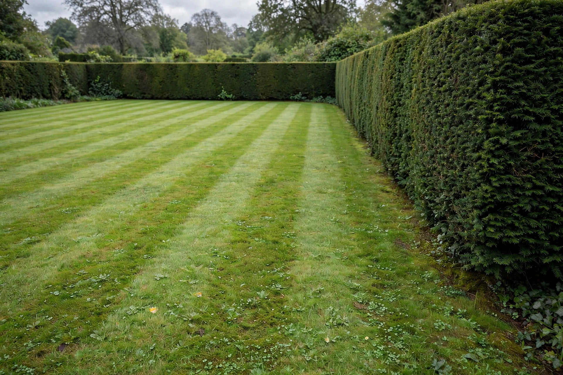 Striped lawn edged by clipped hedge
