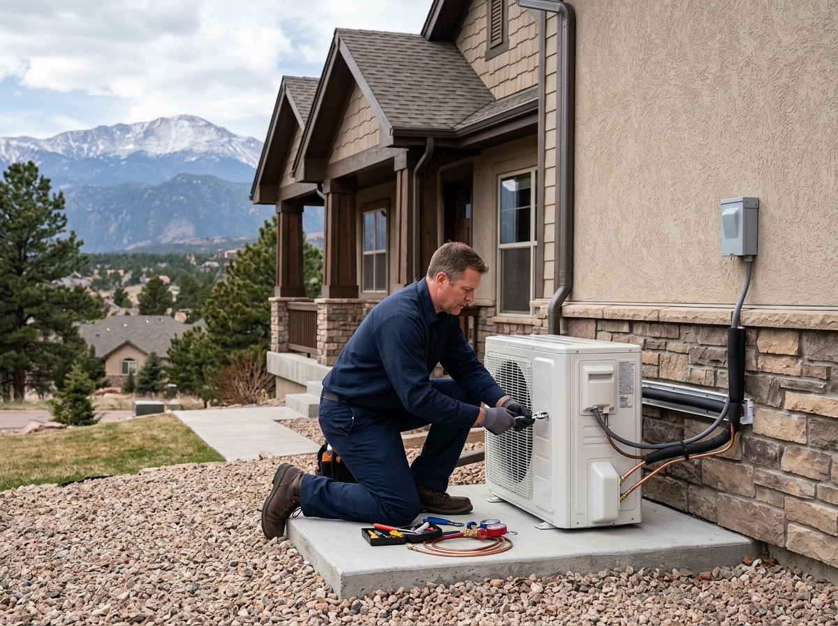 An HVAC technician servicing an outdoor heat pump unit beside a house