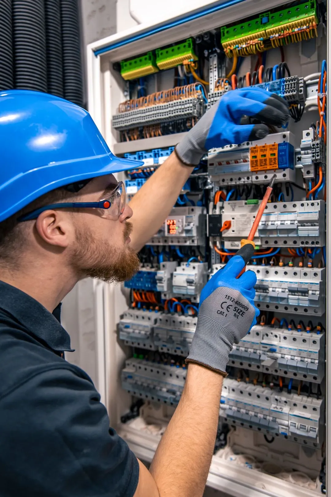 Close-up of an electrician wiring a circuit breaker panel