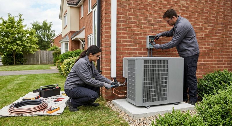 Two technicians installing an outdoor heat pump unit against a brick wall
