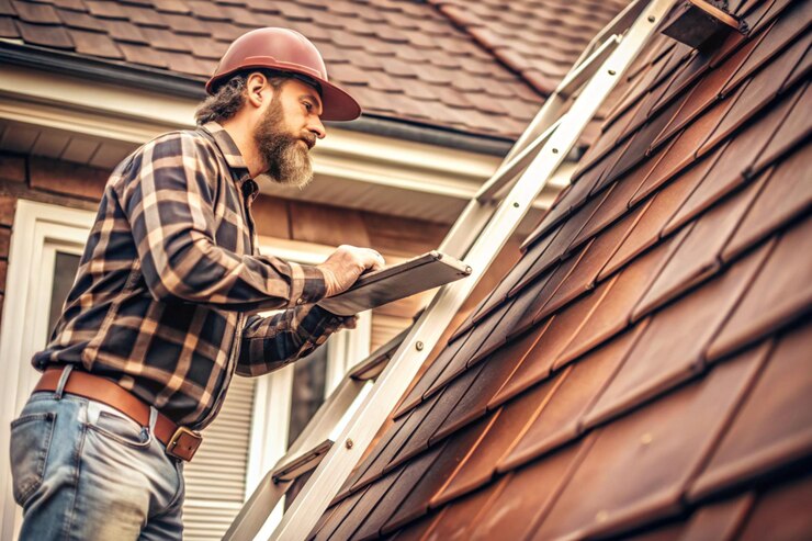 Inspector checking a roof from a ladder