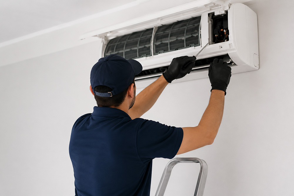 Technician servicing a wall-mounted air conditioning unit