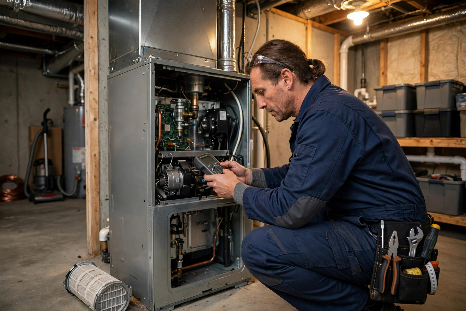 Technician servicing a home furnace in Toronto