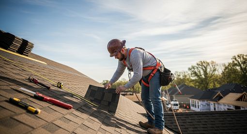 Roofer at work on a steep roof