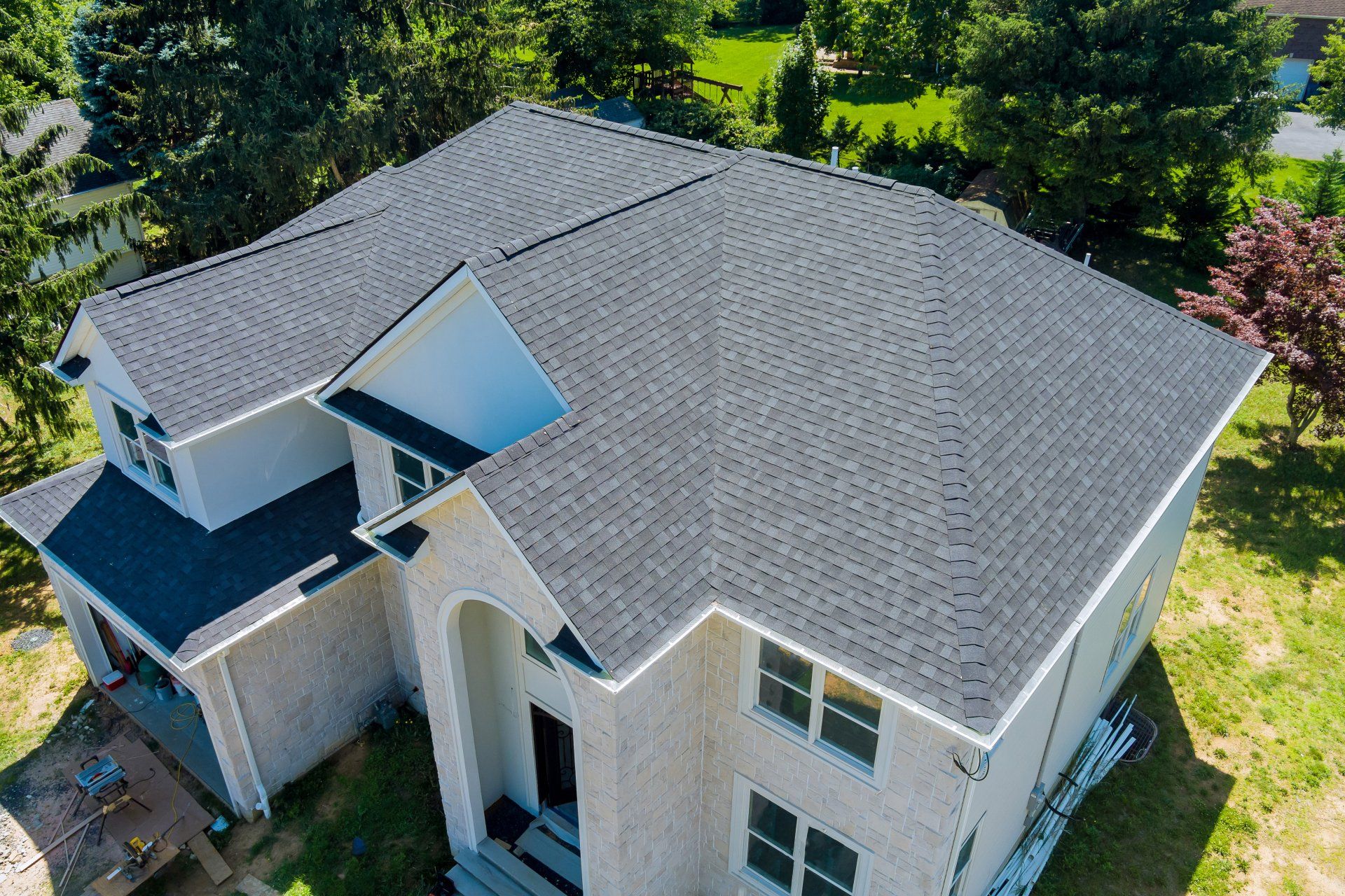 Aerial view of a finished shingle roof